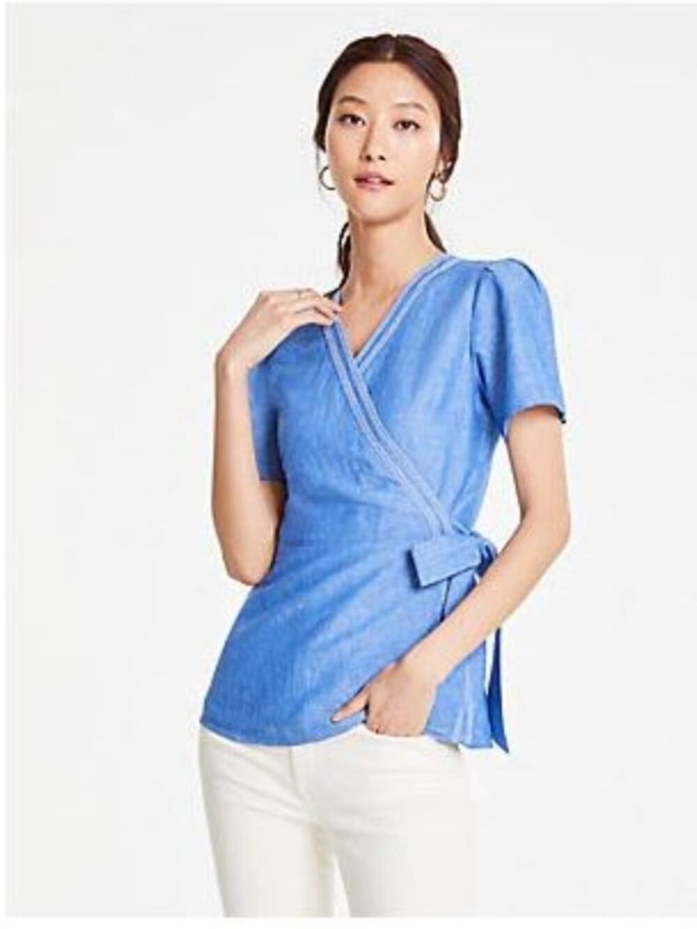 Ann Taylor Linen Blend Chambray Wrap Top Blouse Size 4 Excellent Condition Blue